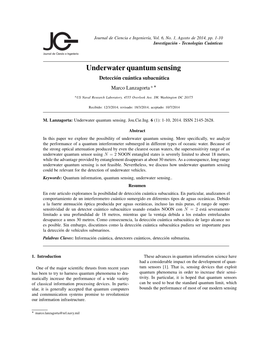 Underwater Quantum Sensing Deteccion´ Cuantica´ Subacuatica´ Marco Lanzagorta a ?