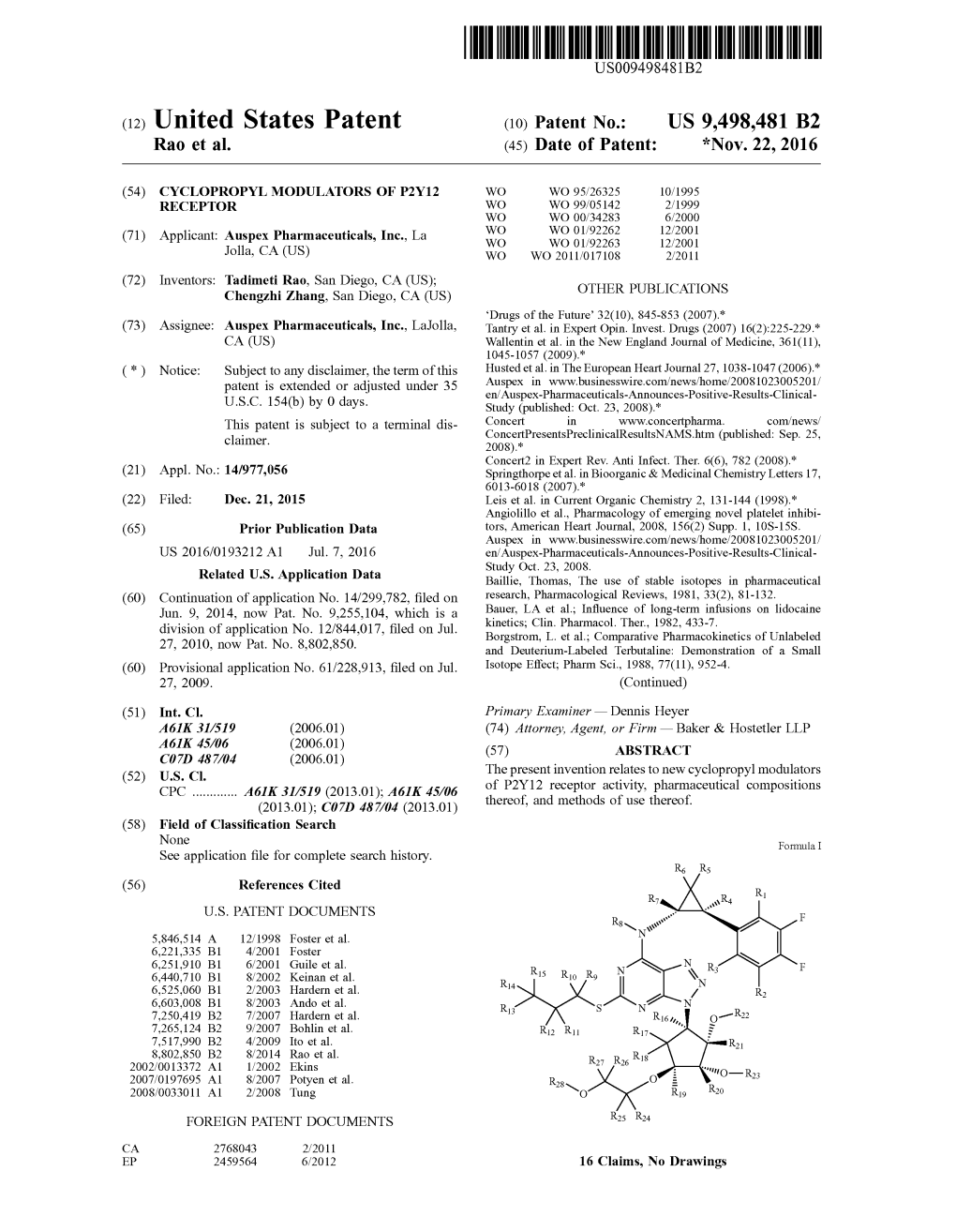 (12) United States Patent (10) Patent No.: US 9,498,481 B2 Rao Et Al