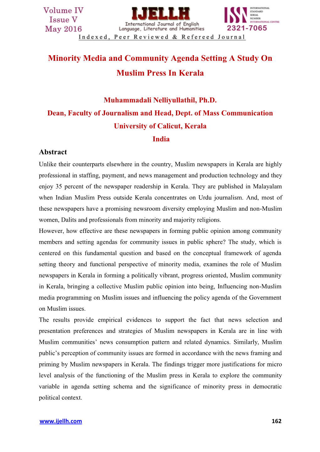 Minority Media and Community Agenda Setting a Study on Muslim Press in Kerala