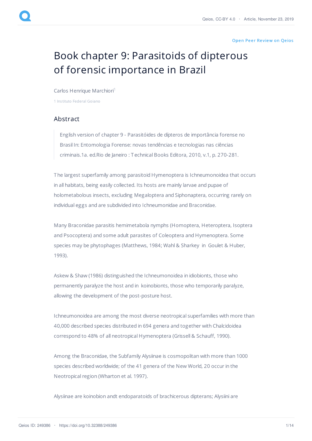 Parasitoids of Dipterous of Forensic Importance in Brazil