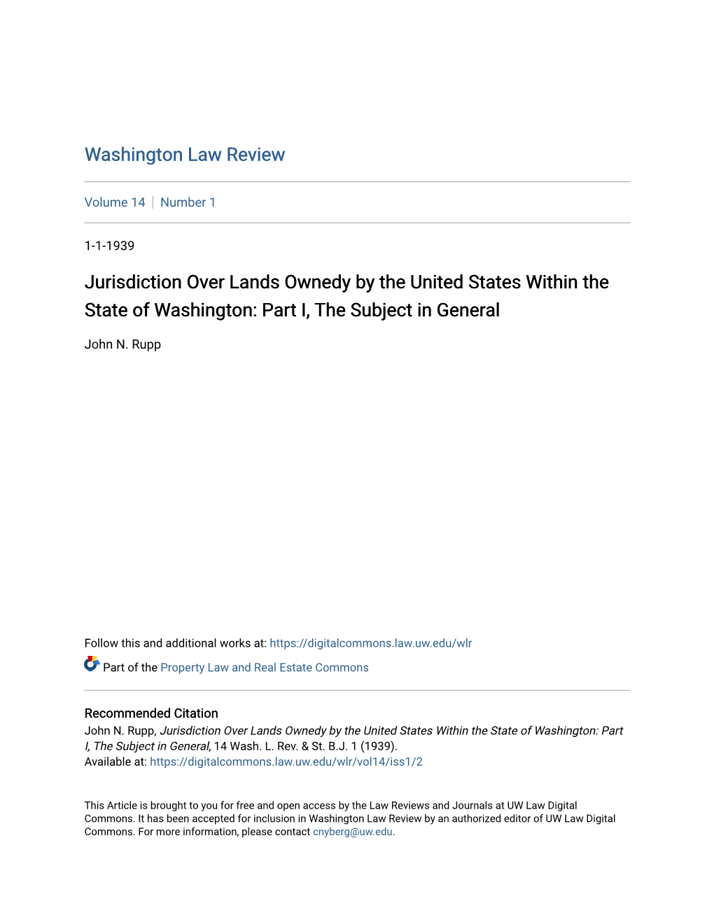 Jurisdiction Over Lands Ownedy by the United States Within the State of Washington: Part I, the Subject in General