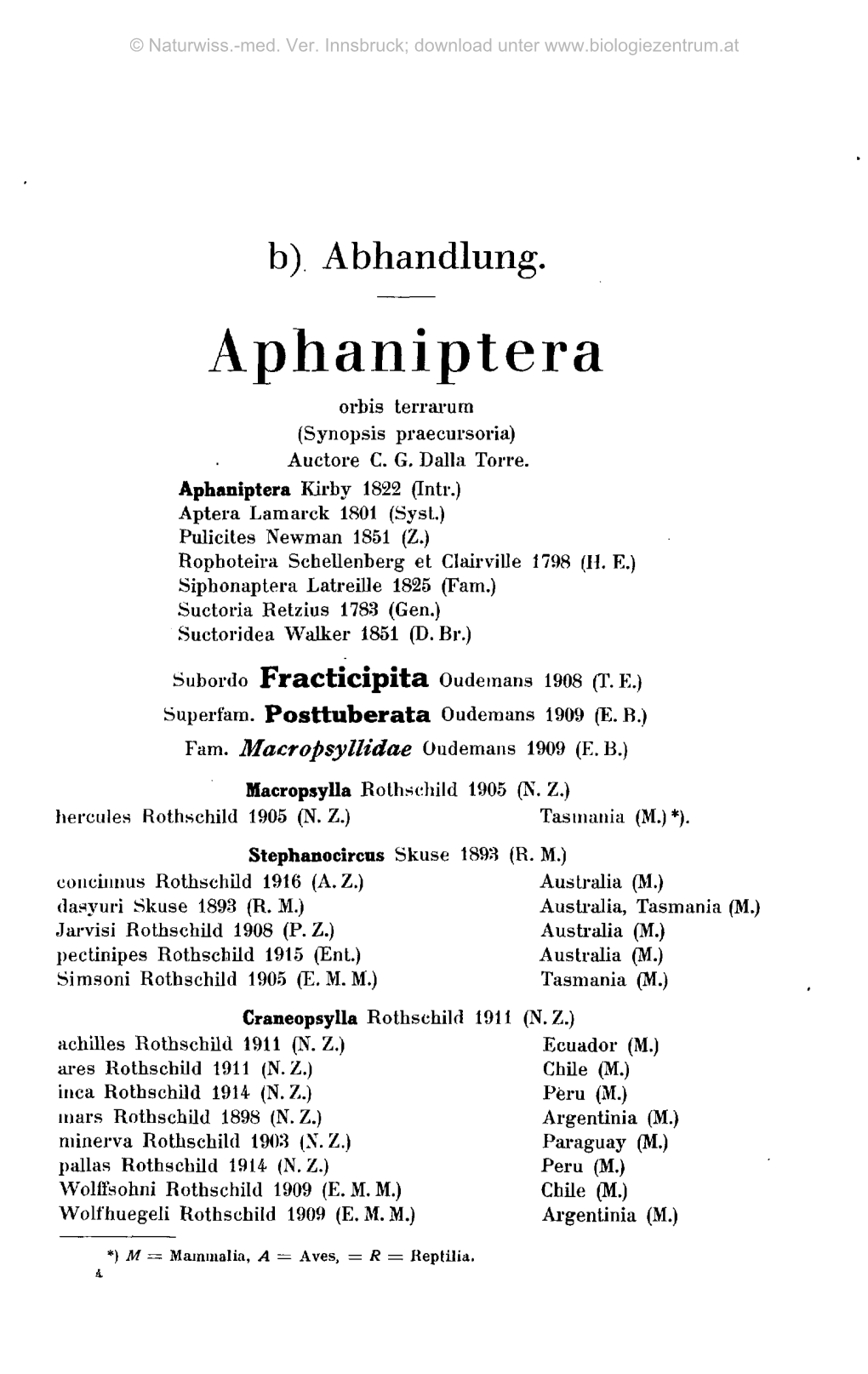 Aphaniptera Orbis Terrarum (Synopsis Praecursoria) Auctore C