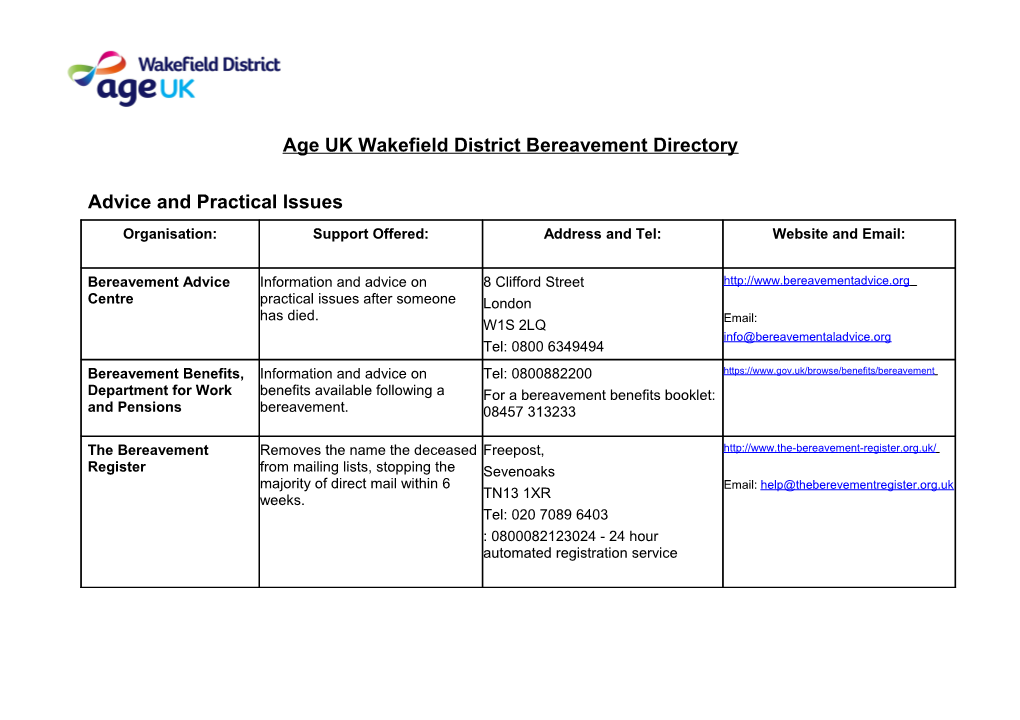 Age UK Wakefield Bereavement Directory