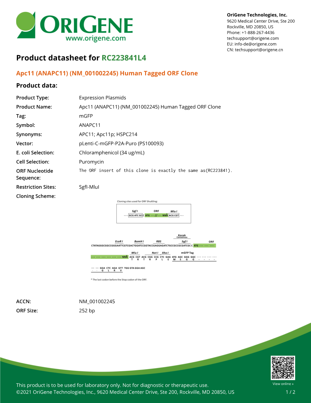 Apc11 (ANAPC11) (NM 001002245) Human Tagged ORF Clone Product Data