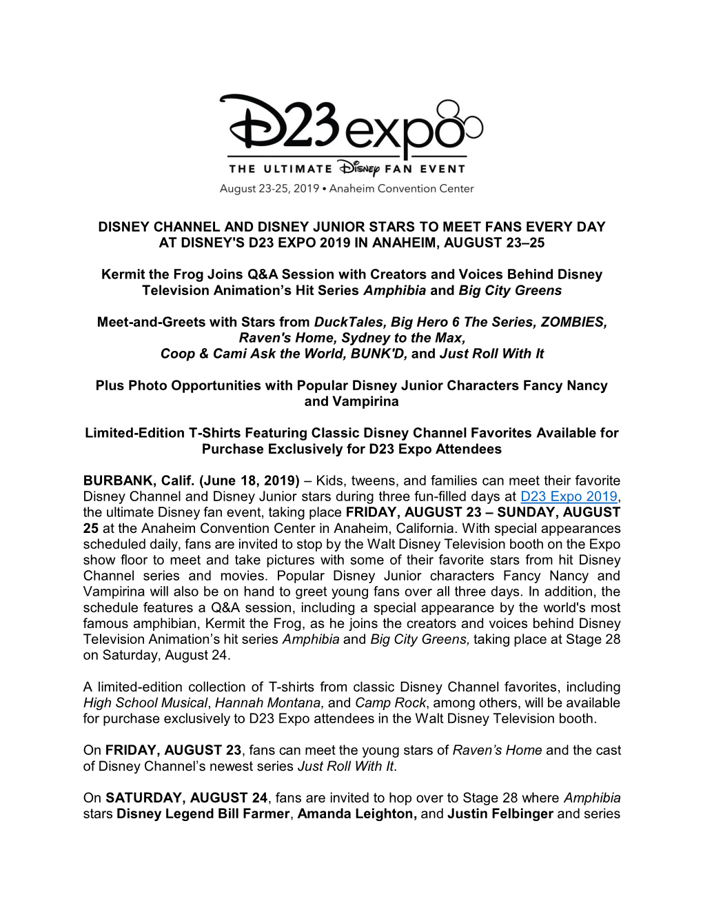 DISNEY CHANNEL and DISNEY JUNIOR STARS to MEET FANS EVERY DAY at DISNEY's D23 EXPO 2019 in ANAHEIM, AUGUST 23–25 Kermit the Fr