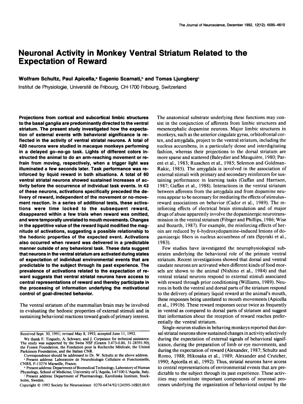 Neuronal Activity in Monkey Ventral Striatum Related to the Expectation of Reward