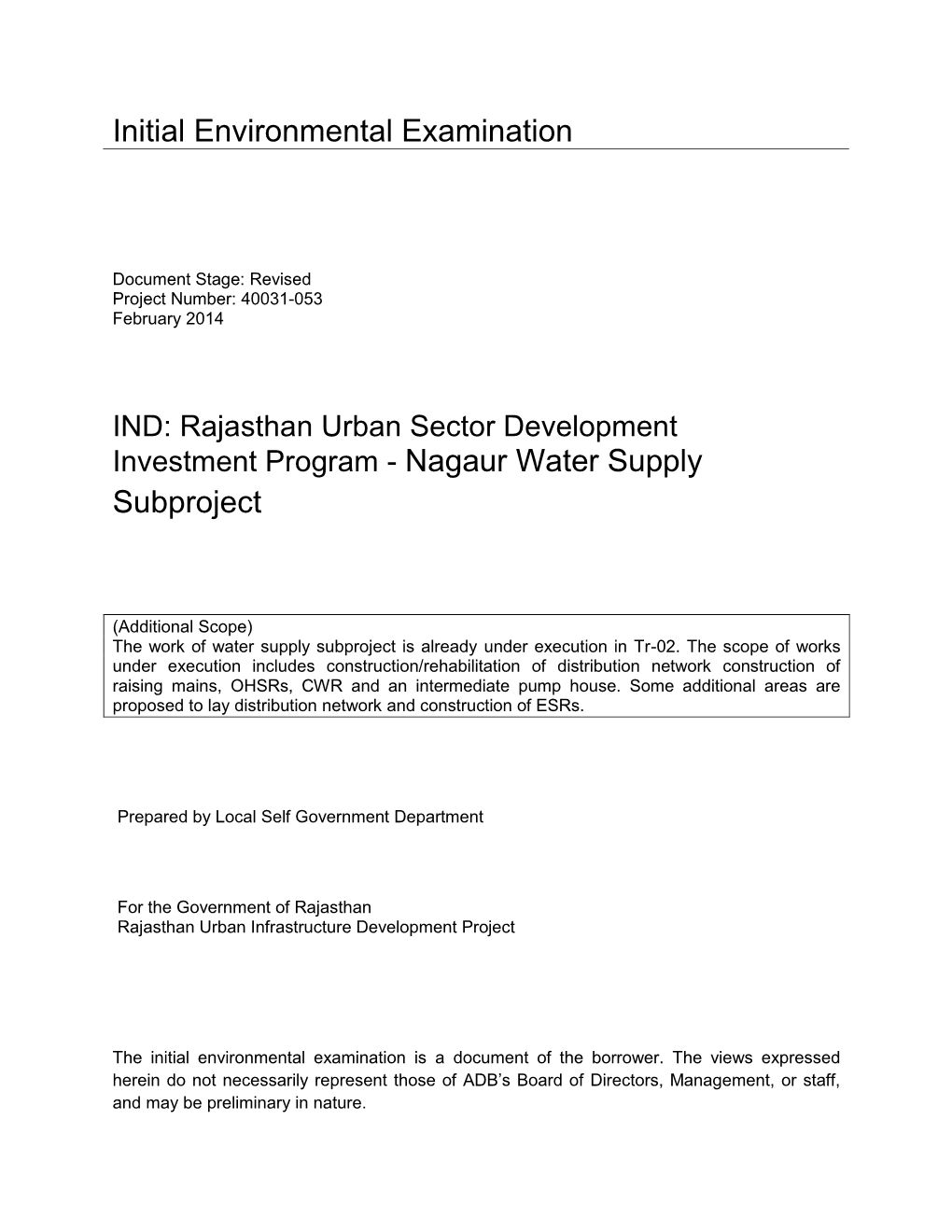Rajasthan Urban Sector Development Investment Program - Nagaur Water Supply
