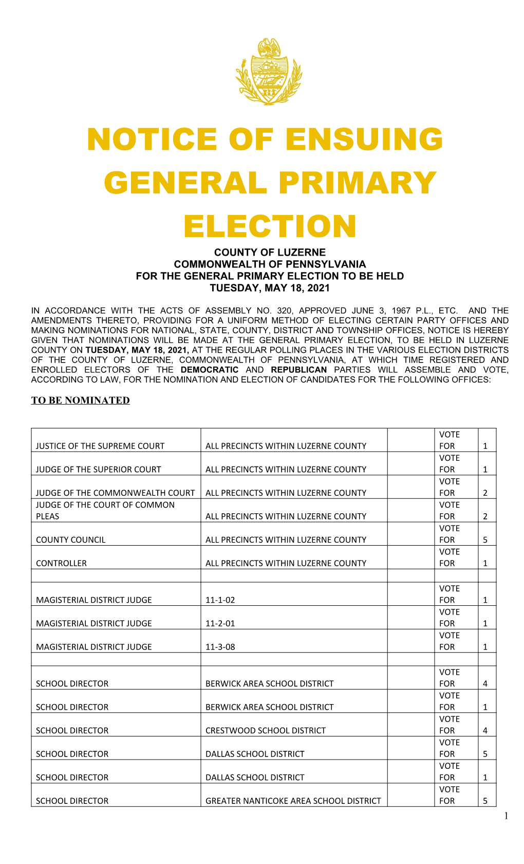 2021 Municipal Primary Election Proclamation