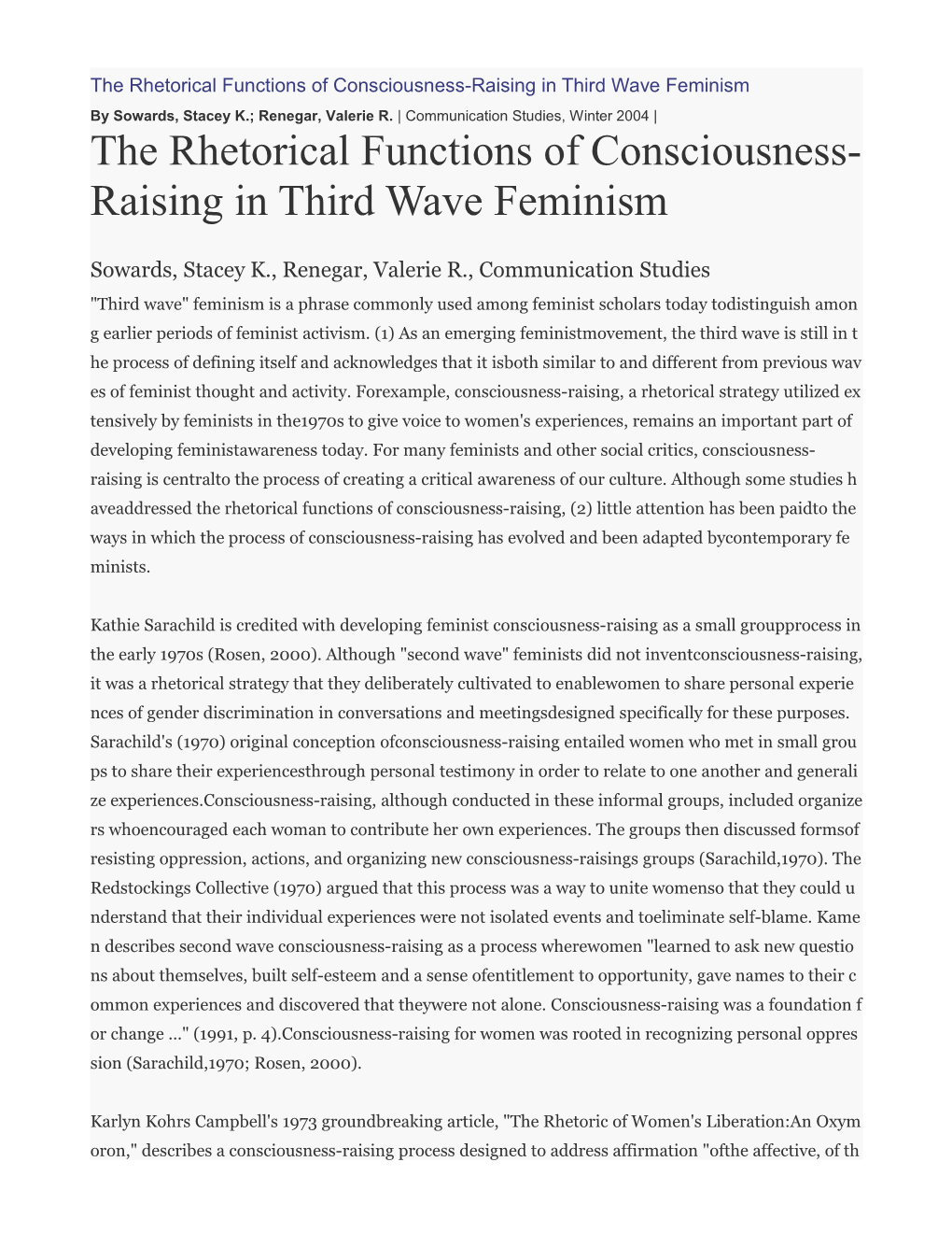 The Rhetorical Functions of Consciousness-Raising in Third Wave Feminism