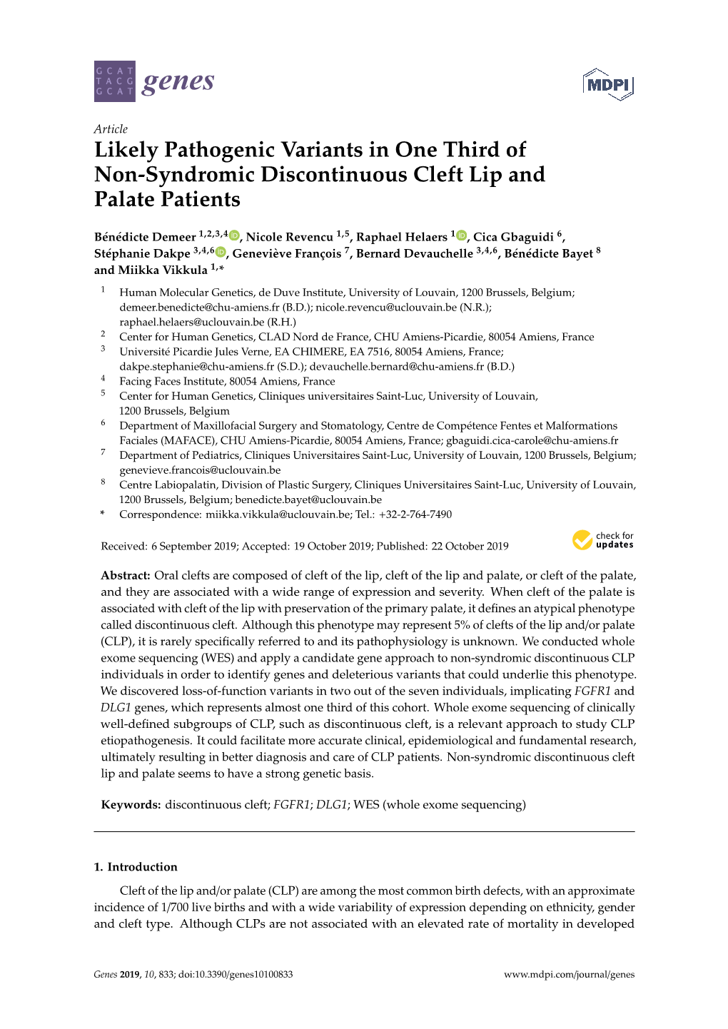 Likely Pathogenic Variants in One Third of Non-Syndromic Discontinuous Cleft Lip and Palate Patients