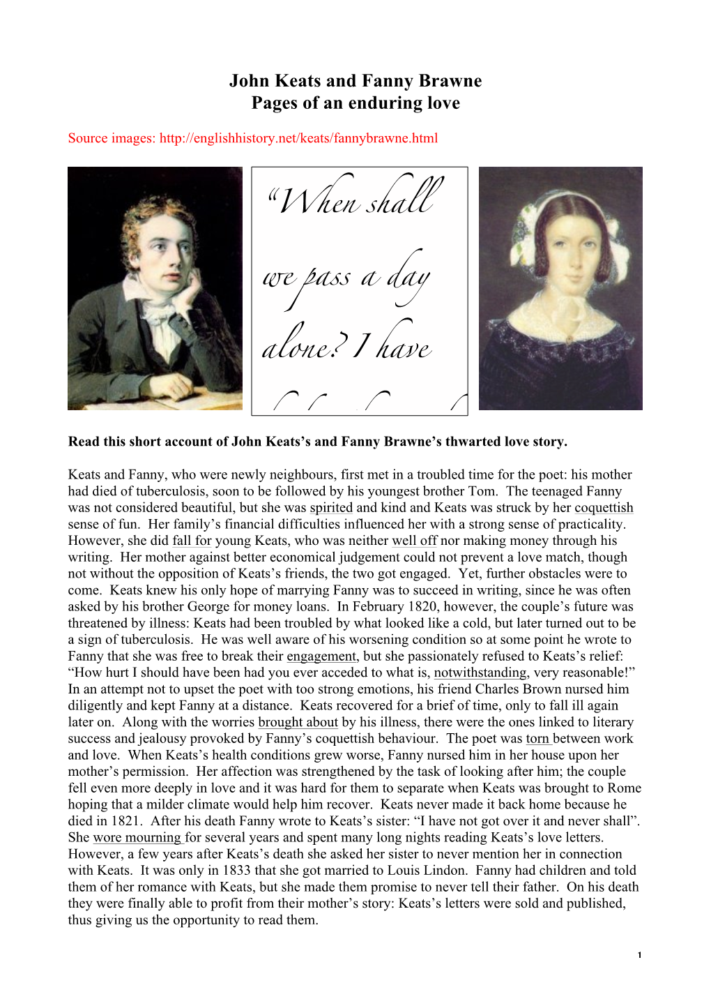 John Keats and Fanny Brawne Pages of an Enduring Love