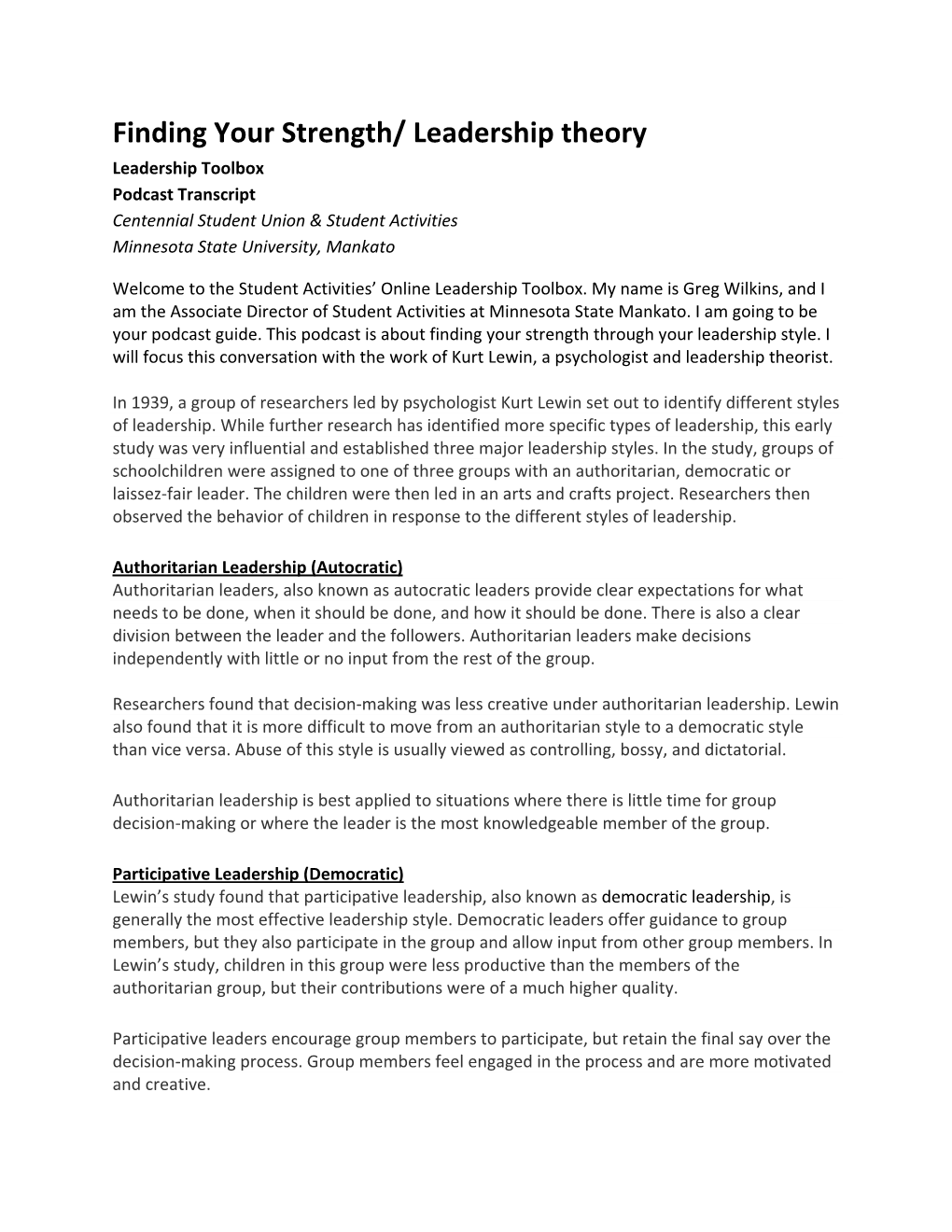 Leadership Theory Leadership Toolbox Podcast Transcript Centennial Student Union & Student Activities Minnesota State University, Mankato