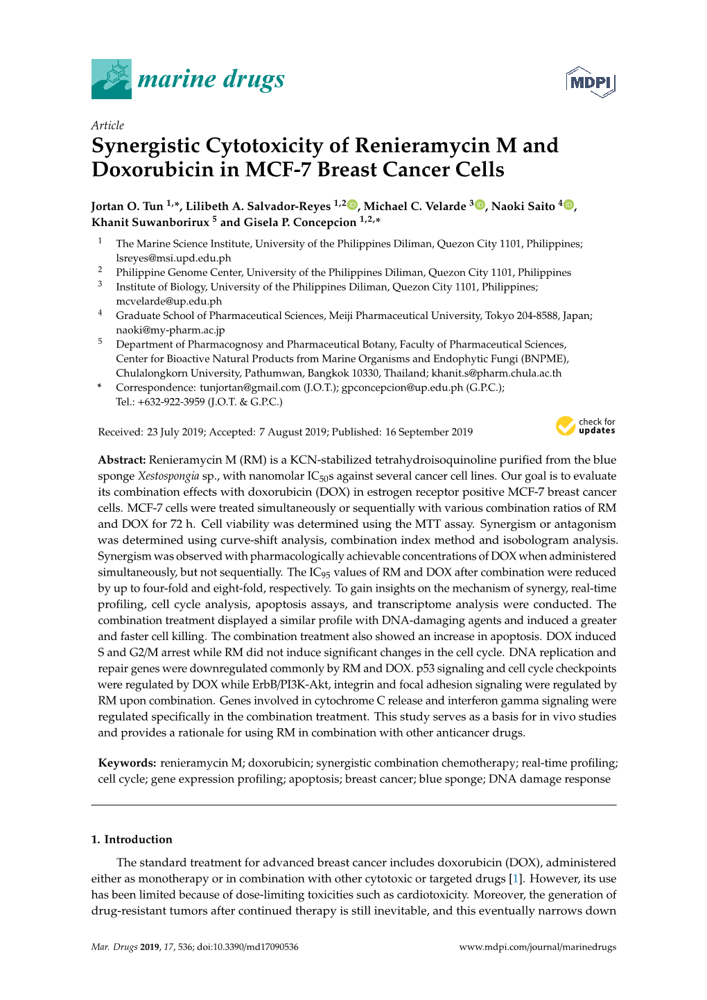 Synergistic Cytotoxicity of Renieramycin M and Doxorubicin in MCF-7 Breast Cancer Cells