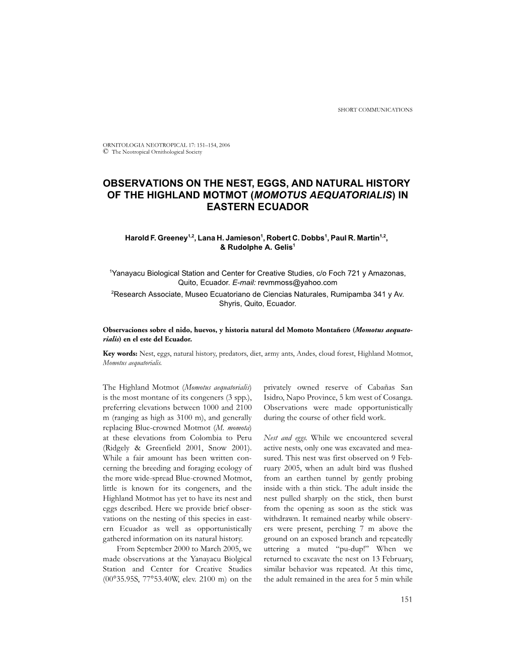 Observations on the Nest, Eggs, and Natural History of the Highland Motmot (Momotus Aequatorialis) in Eastern Ecuador