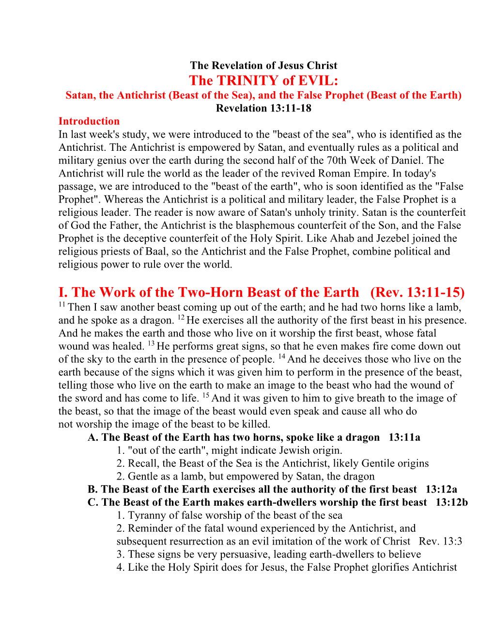I. the Work of the Two-Horn Beast of the Earth (Rev. 13:11-15)