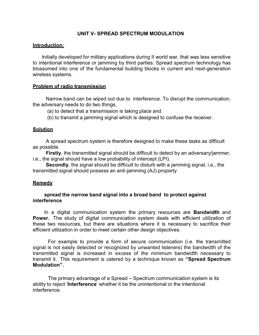 UNIT V- SPREAD SPECTRUM MODULATION Introduction