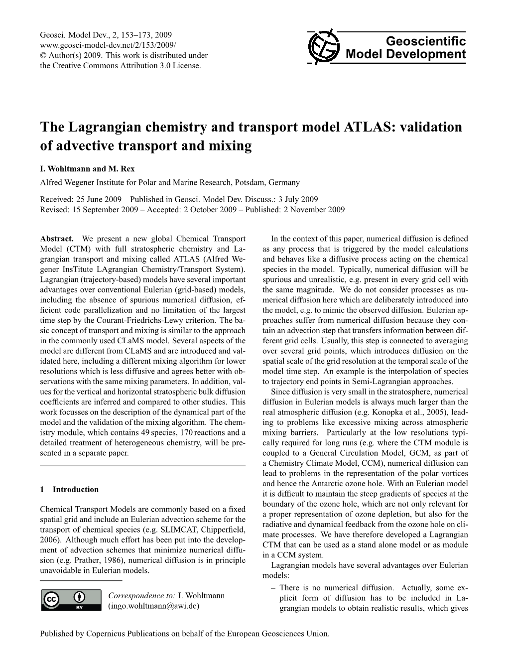 The Lagrangian Chemistry and Transport Model ATLAS: Validation of Advective Transport and Mixing