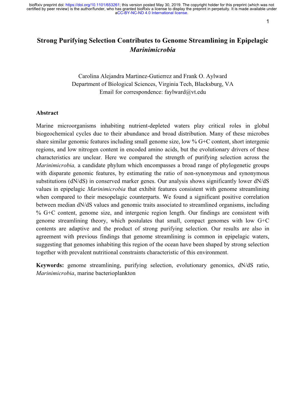 Strong Purifying Selection Contributes to Genome Streamlining in Epipelagic Marinimicrobia