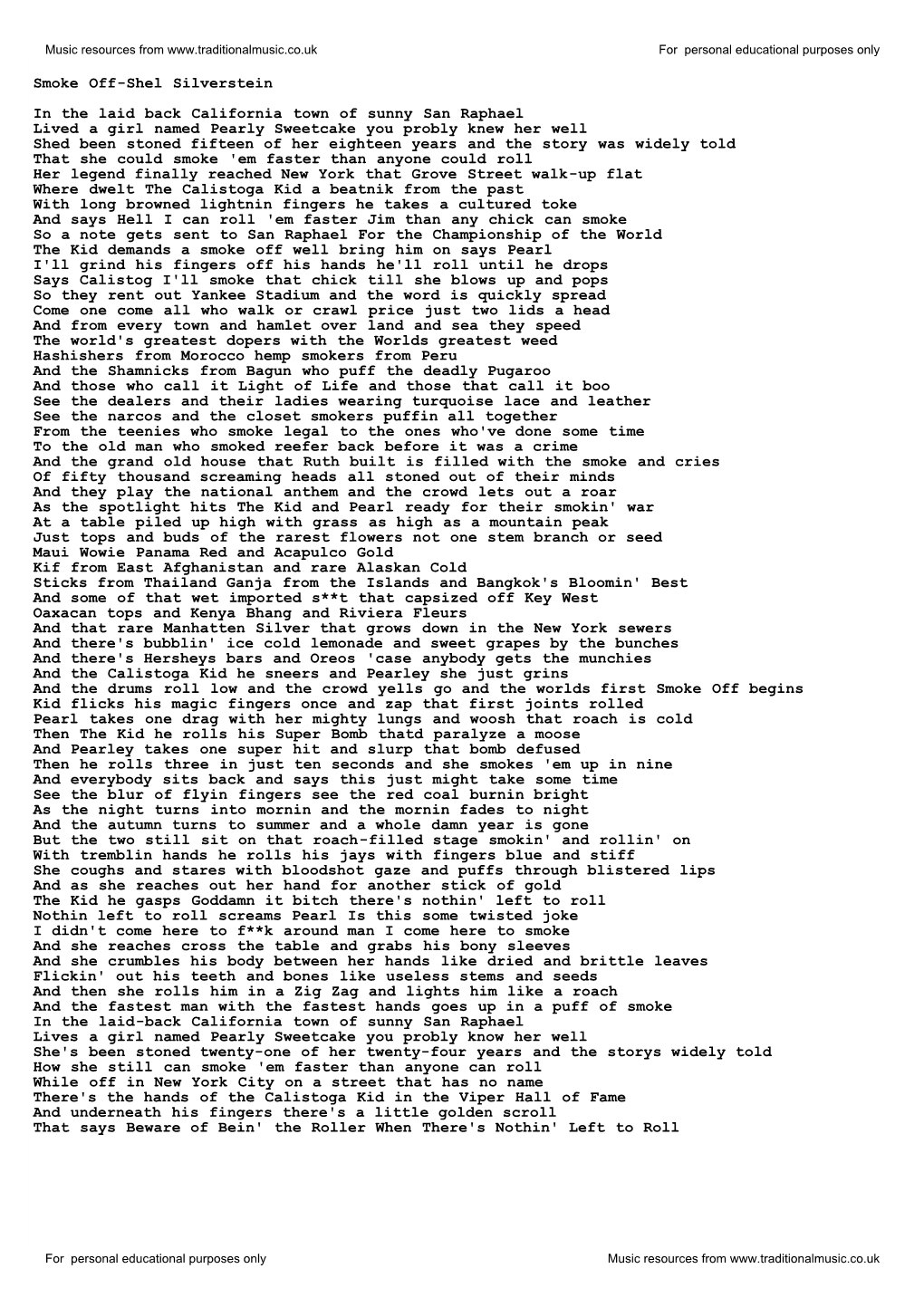 Download, Smoke Off-Shel Silverstein Lyrics As PDF File