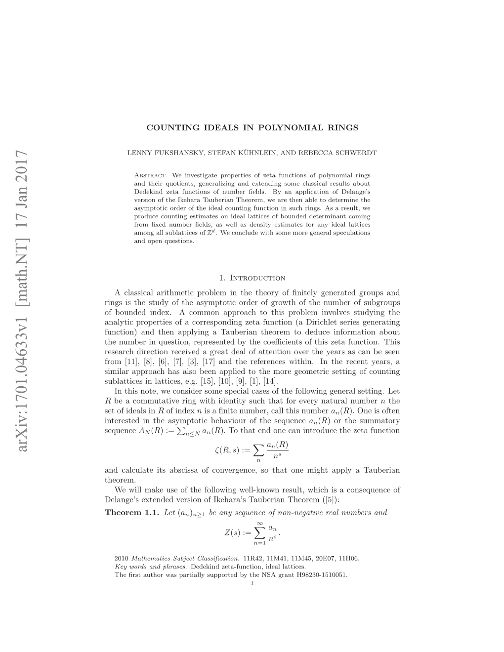 Arxiv:1701.04633V1 [Math.NT]