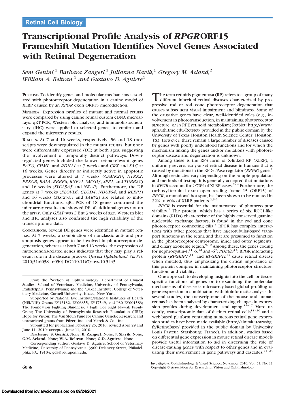 Transcriptional Profile Analysis of RPGRORF15 Frameshift Mutation Identifies Novel Genes Associated with Retinal Degeneration