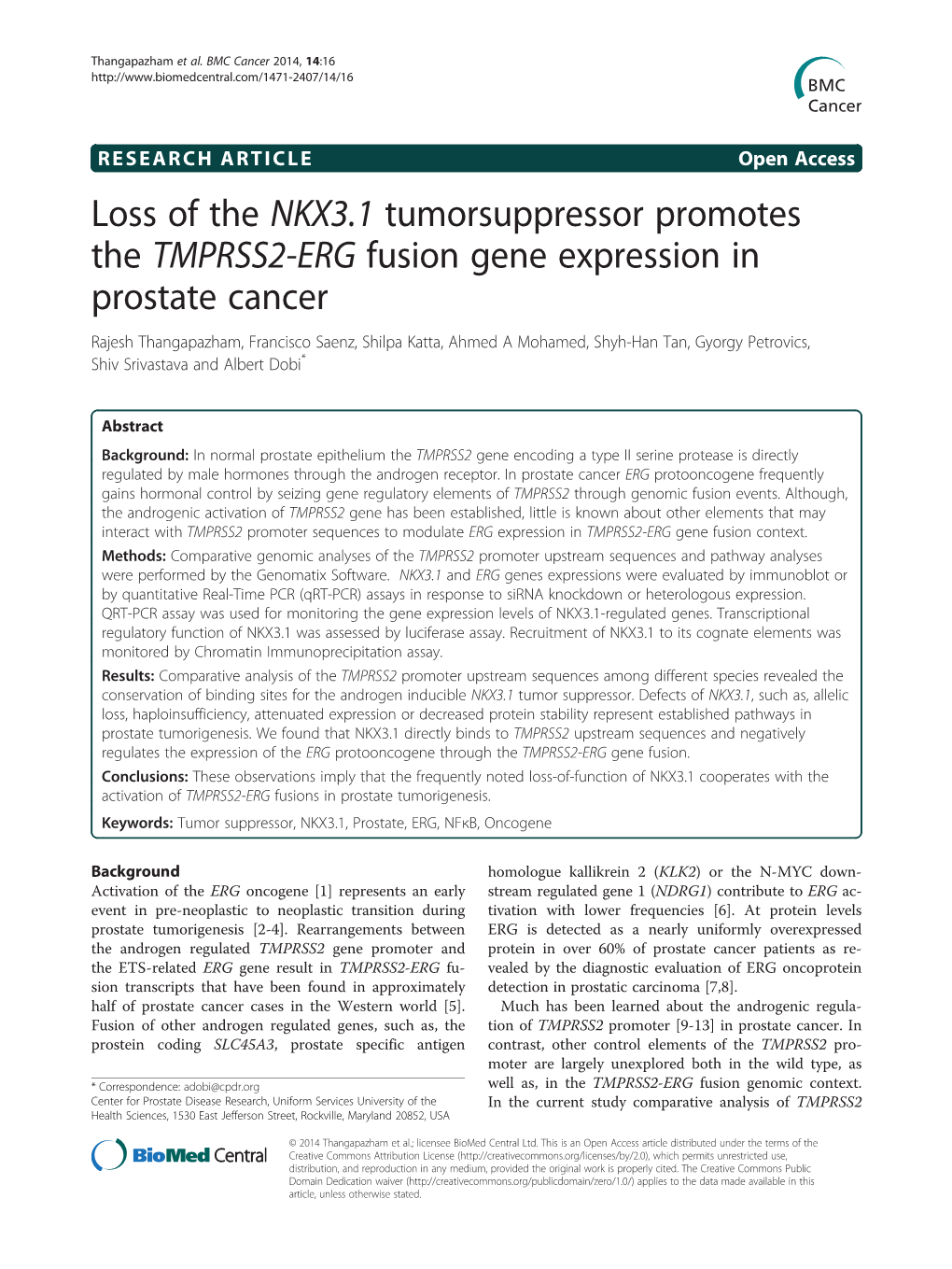 Loss of the NKX3.1 Tumorsuppressor Promotes the TMPRSS2-ERG