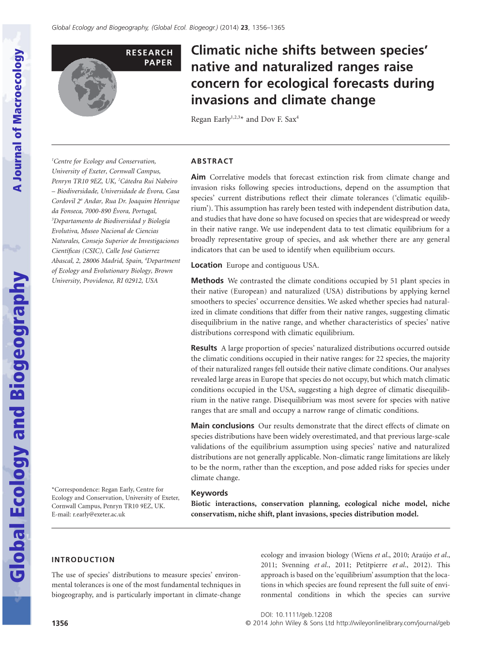 Climatic Niche Shifts Between Species Native and Naturalized Ranges Raise