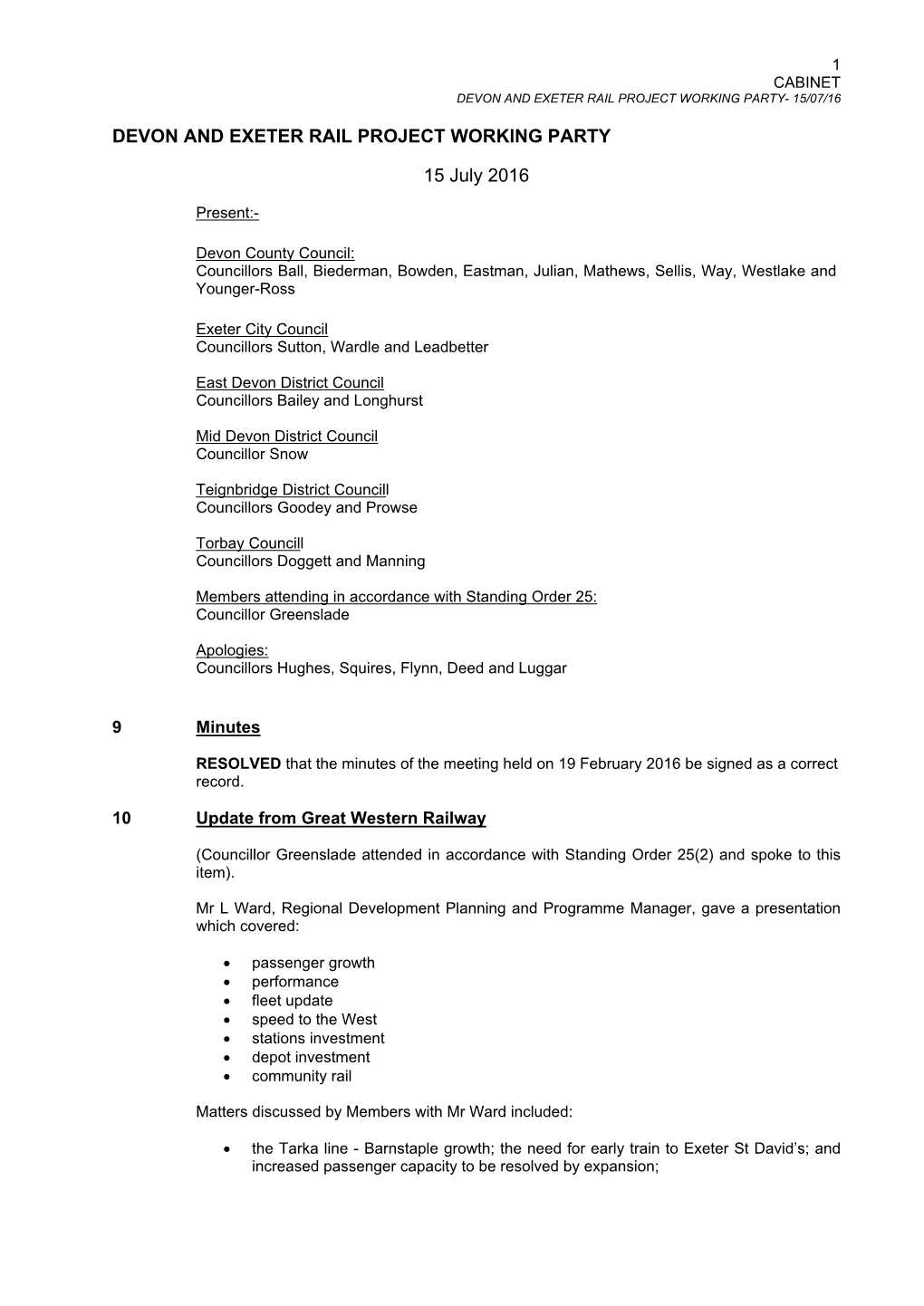 Minutes Document for Devon and Exeter Rail Project Working Party, 15/07/2016 14:00