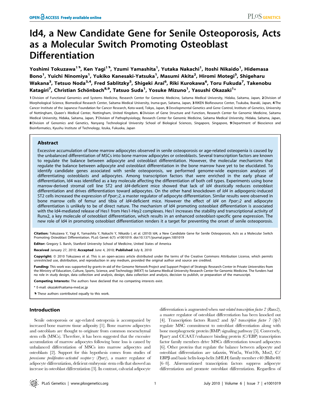 Id4, a New Candidate Gene for Senile Osteoporosis, Acts As a Molecular Switch Promoting Osteoblast Differentiation