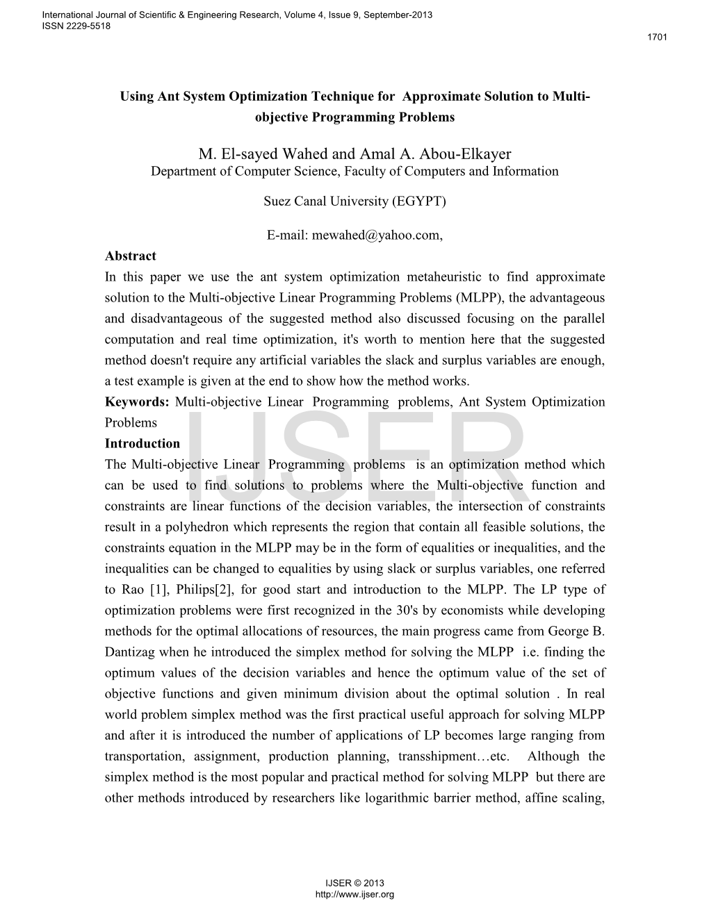 Using Ant System Optimization Technique for Approximate Solution to Multi- Objective Programming Problems