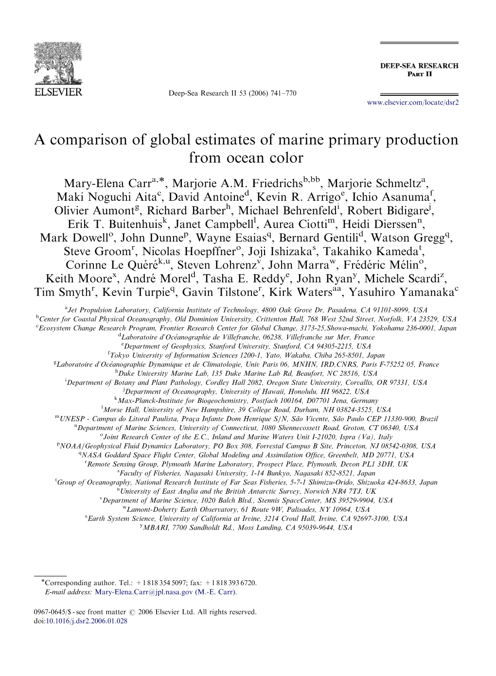 A Comparison of Global Estimates of Marine Primary Production from Ocean Color