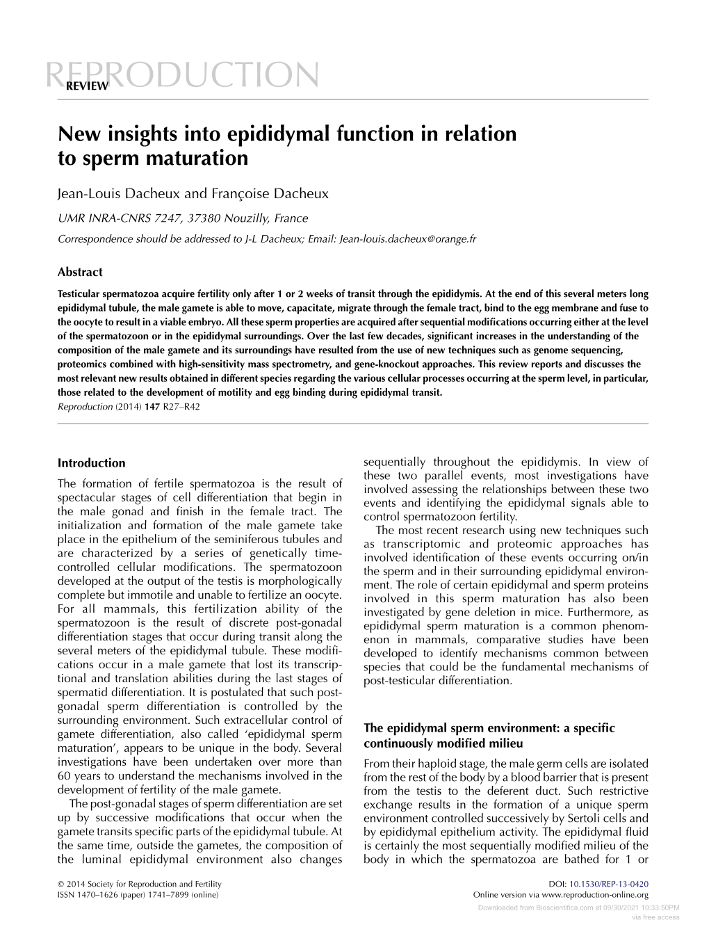 New Insights Into Epididymal Function in Relation to Sperm Maturation