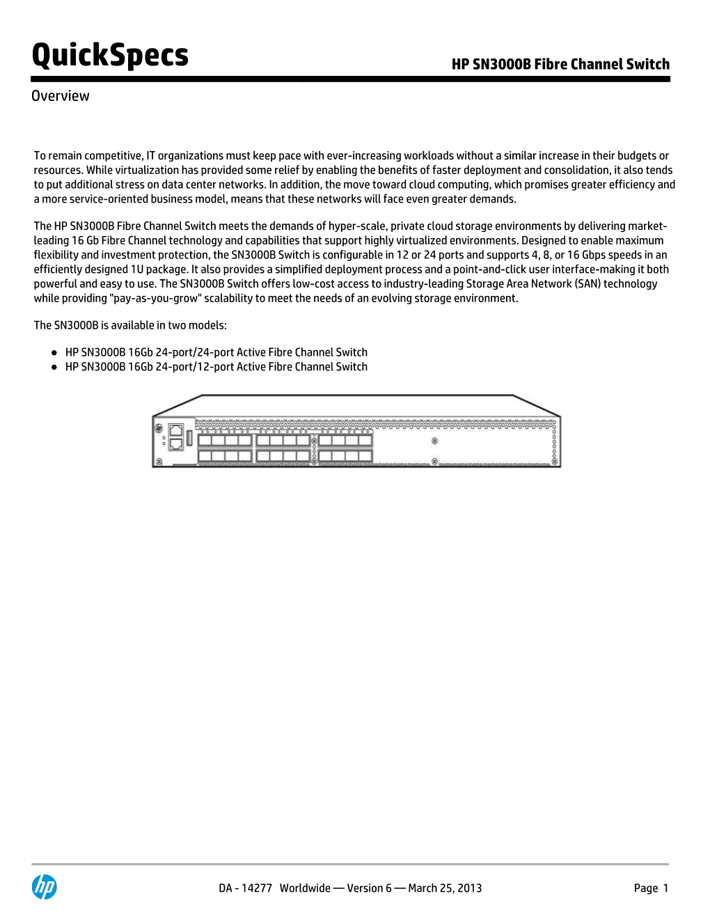 HP SN3000B Fibre Channel Switch Quickspecs