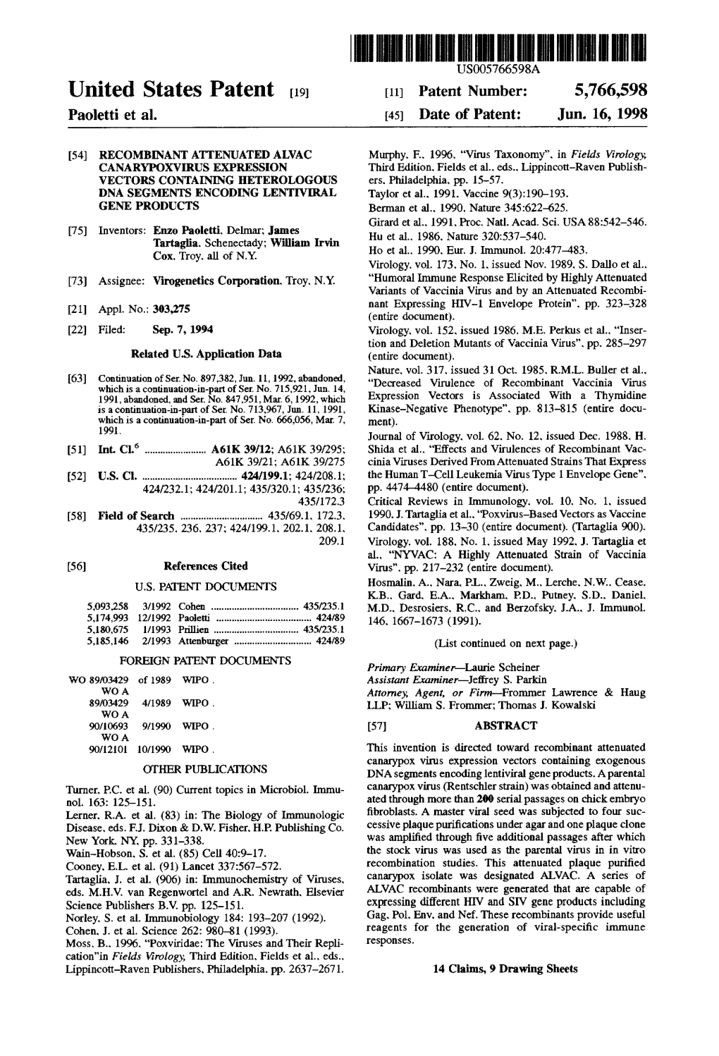 United States Patent (19) 11 Patent Number: 5,766,598 Paoletti Et Al