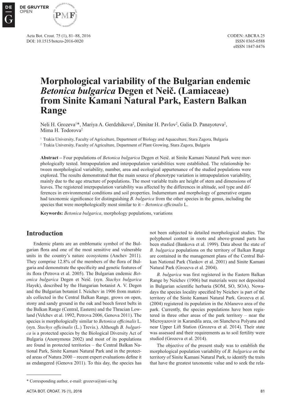 Morphological Variability of the Bulgarian Endemic Betonica Bulgarica Degen Et Neič