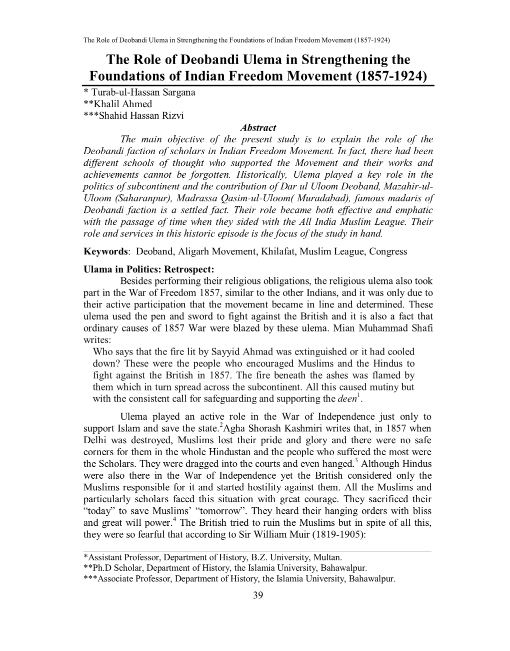 The Role of Deobandi Ulema in Strengthening the Foundations of Indian Freedom Movement (1857-1924)