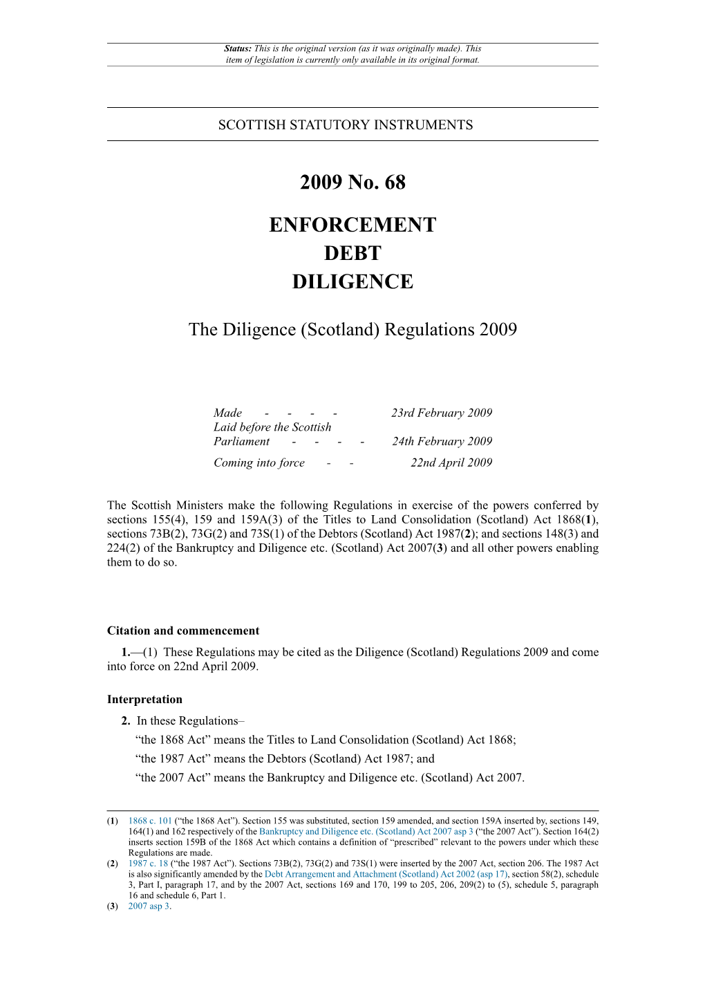 The Diligence (Scotland) Regulations 2009