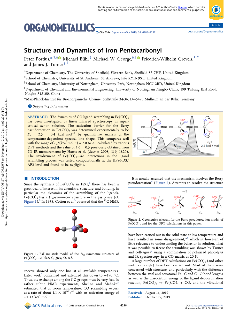 Structure and Dynamics of Iron Pentacarbonyl † § ‡ § ∥ ⊥ # Peter Portius,*, , Michael Bühl, Michael W