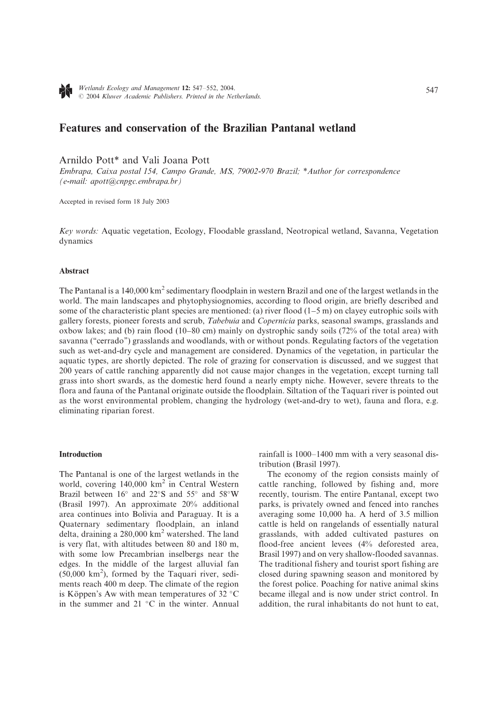 Features and Conservation of the Brazilian Pantanal Wetland