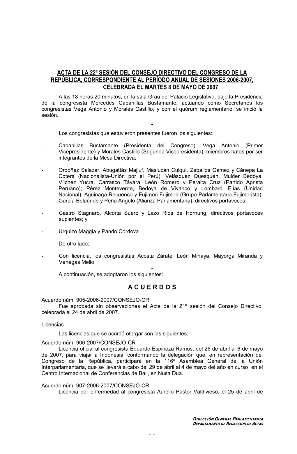 Acta De La 21ª Sesión Del Consejo Directivo, Celebrada El 24 De Abril De 2007