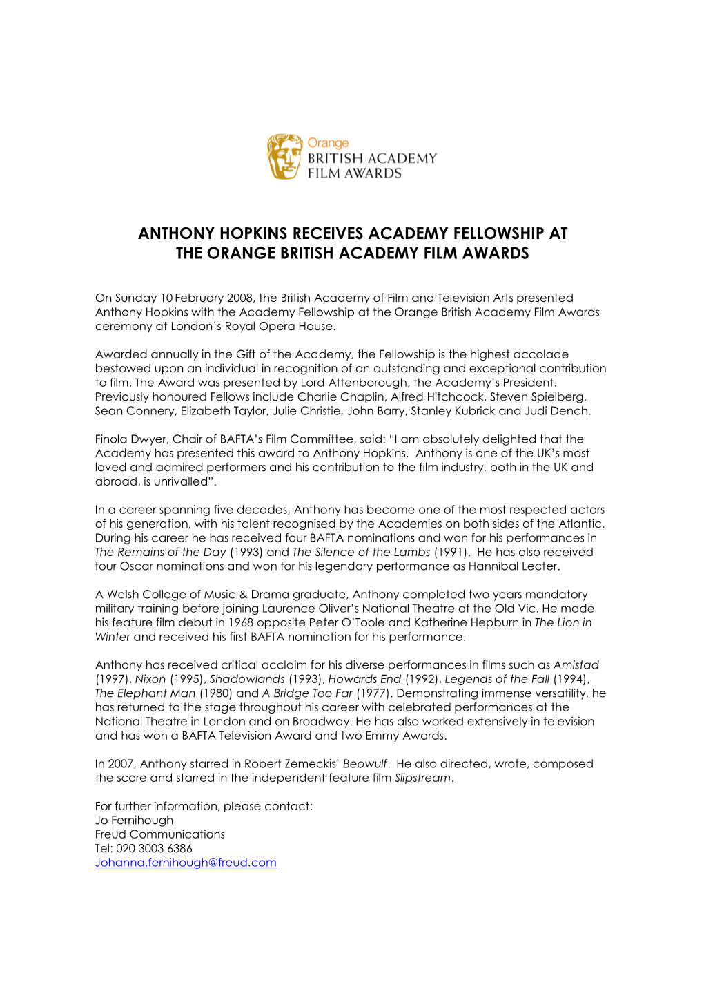 Anthony Hopkins Receives Academy Fellowship at the Orange British Academy Film Awards