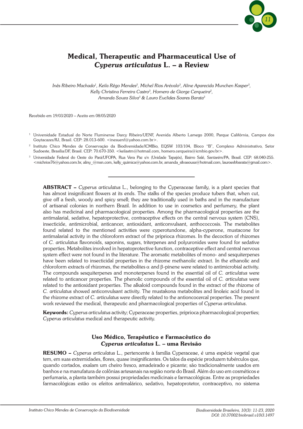 Medical, Therapeutic and Pharmaceutical Use of Cyperus Articulatus L