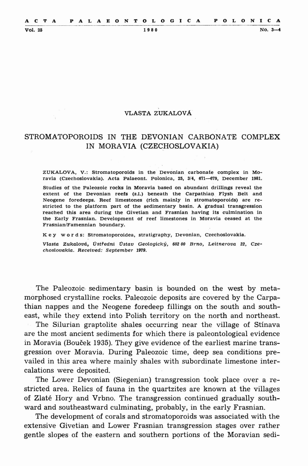 Stromatoporoids in the Devonian Carbonate Complex in Moravia (Czechoslovakia)