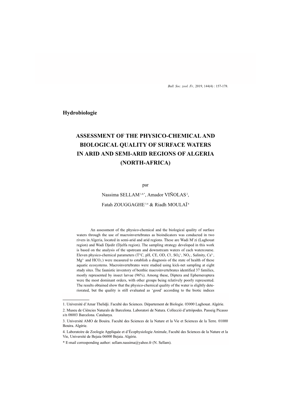 Assessment of the Physico-Chemical and Biological Quality of Surface Waters in Arid and Semi-Arid Regions of Algeria (North-Africa)