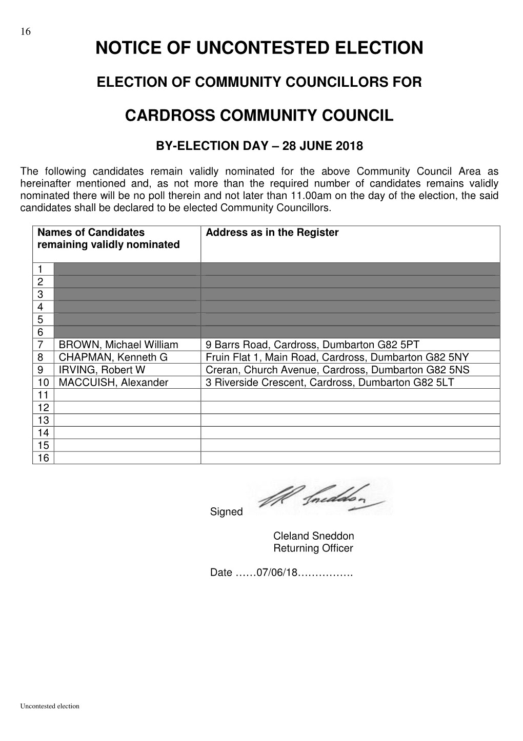 Notice of Uncontested Election