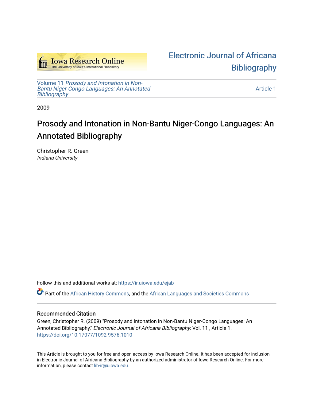 Prosody and Intonation in Non-Bantu Niger-Congo Languages: an Annotated Bibliography