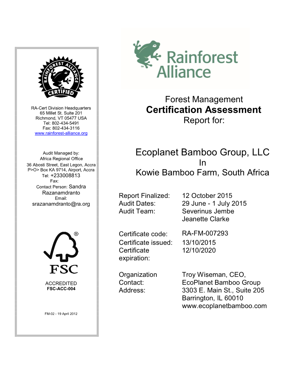 Certification Assessment Ecoplanet Bamboo Group
