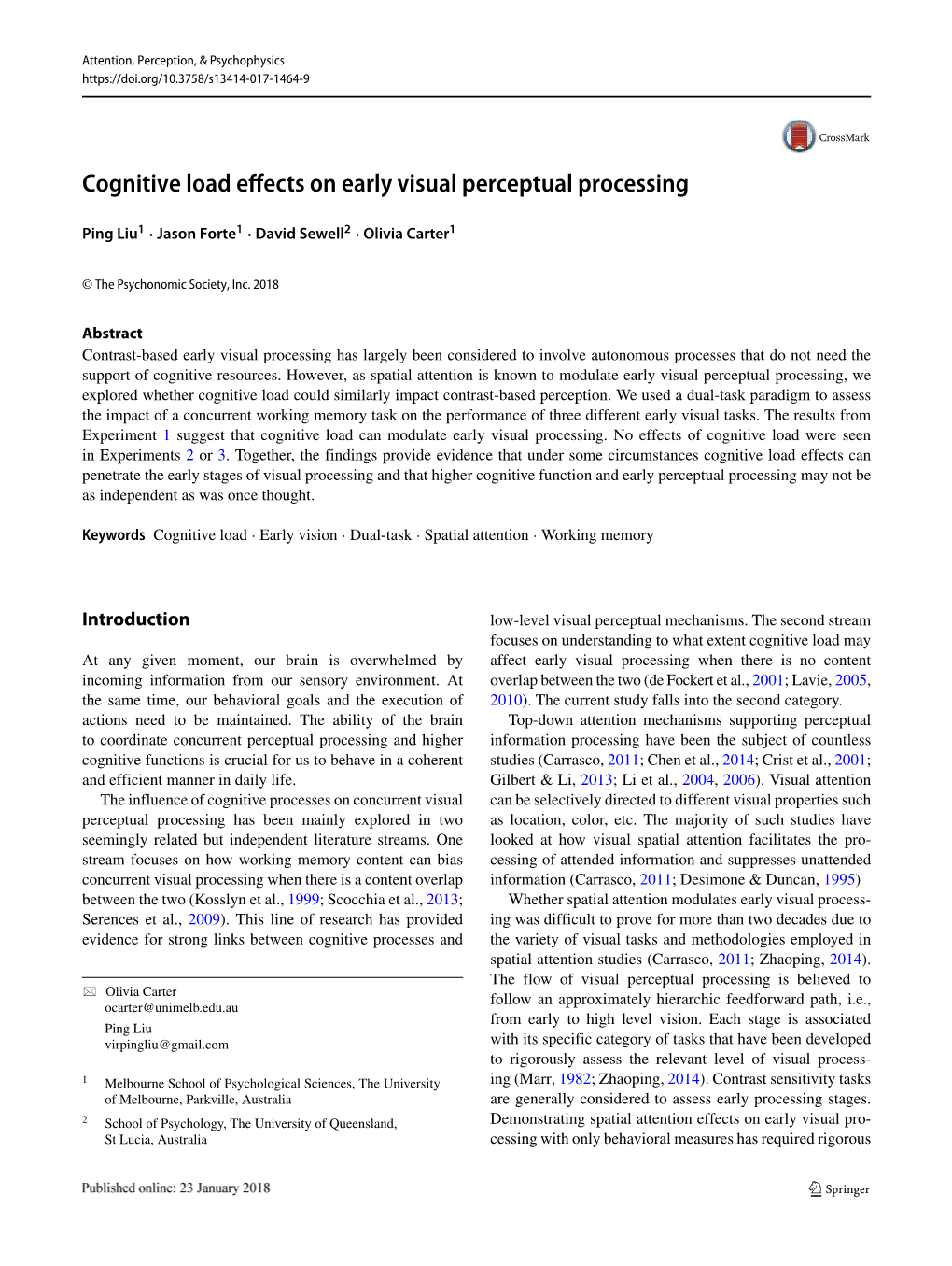 Cognitive Load Effects on Early Visual Perceptual Processing