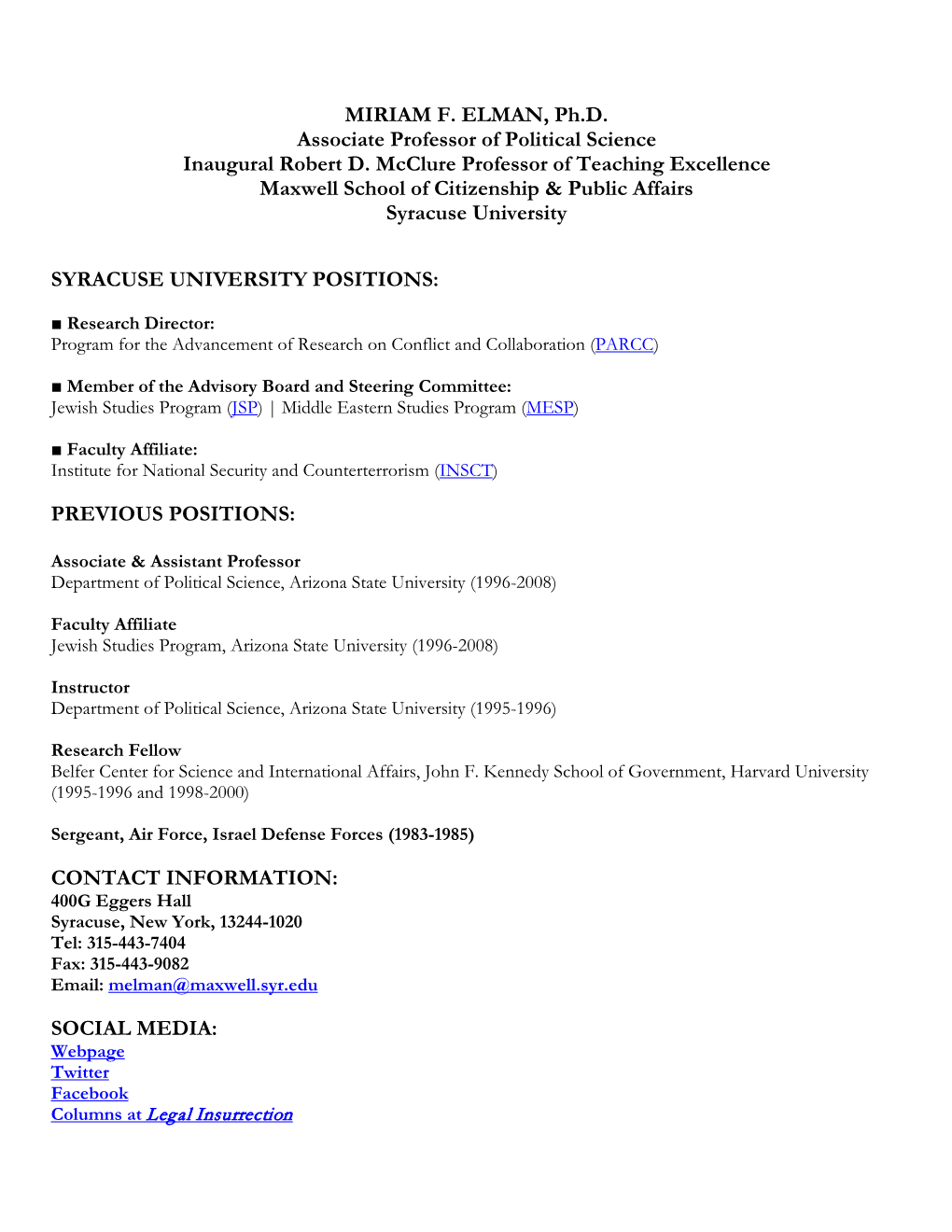 Miriam Elman CV