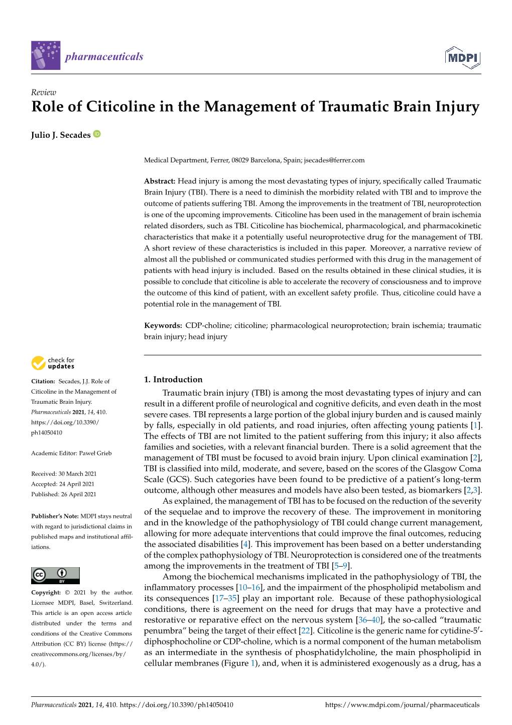 Role of Citicoline in the Management of Traumatic Brain Injury